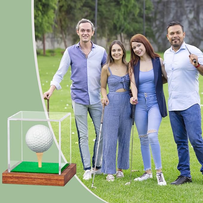 Hooqict Golf Ball Display Case Clear Acrylic Golf Ball Case Display with Wood Base & Tee Ball Holder Stand UV Protected Square Cube Box Single Ball Storage Golfball Collections