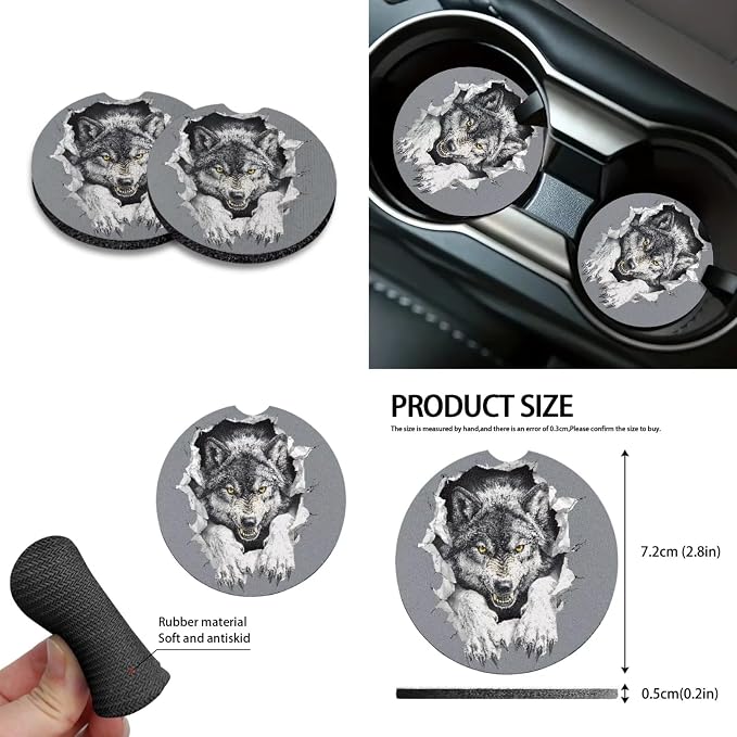 Wolf Grey Pattern Car Accessories Set 10 Pack Car Seat Covers Car Trash Can Steering Wheel Cover Auto Air Vent Storage Bag Coasters Keychain Universal Fit for SUV Van Truck