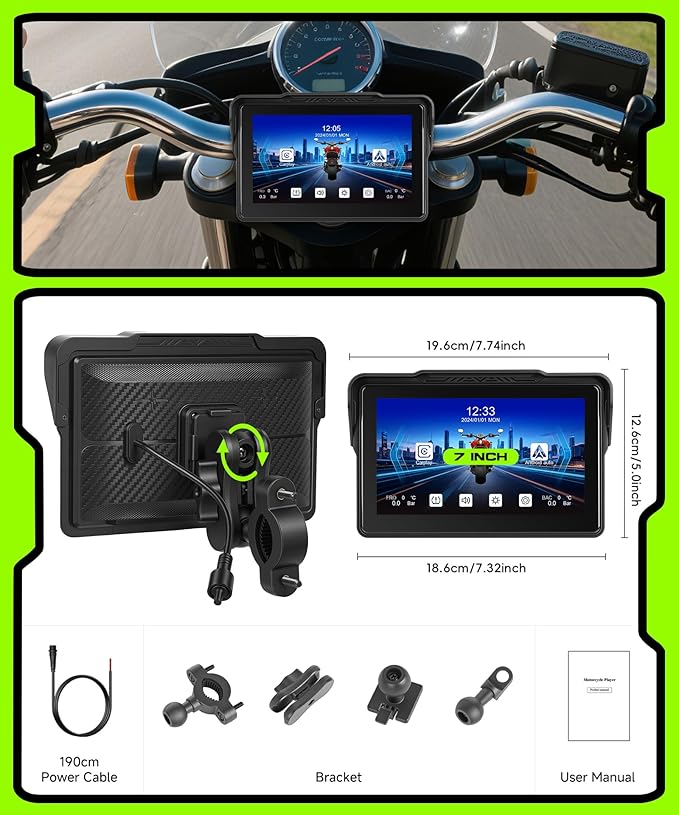 Motorcycle CarPlay Screen 7 Inch Wireless Carplay Android Auto for Motorbike with Removable Bracket, IP68 Waterproof Touchscreen, Supports GPS Navigation Bluetooth