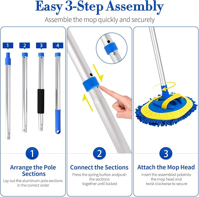 Car Wash Brush with Long Handle - 62" Car Wash Kit with Chenille Microfiber Cleaning Brush, Car Washing Mop with 3 Replacement Mitts, Scratch-Free Scrub Washer Wand for Vehicles, RV, Truck Blue