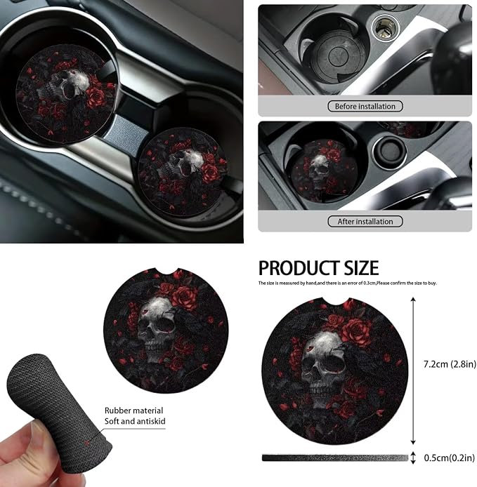 Black Red Skull Rose Car Seat Covers Full Set 15 Pcs Universal Car Accessories Steering Wheel Cover Seat Belt Pads Garbage Bag Car Headrest Pillow Covers Armrest Pad