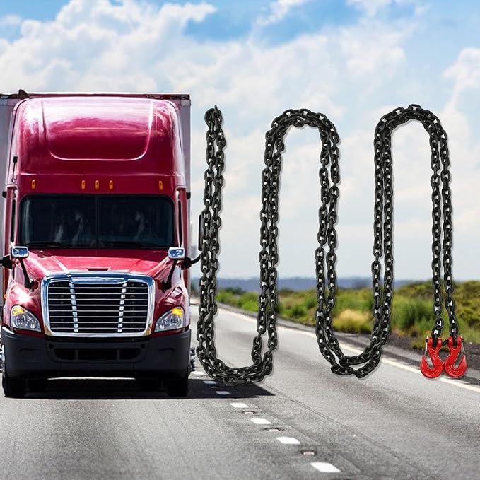 1/4 Inch x 20 Feet Transport Binder Chain G80 Safey Tow Chain with Red Grab Hooks 3300 Lbs Safe Work Load for Transporting Towing Tie Down Binding Equipment