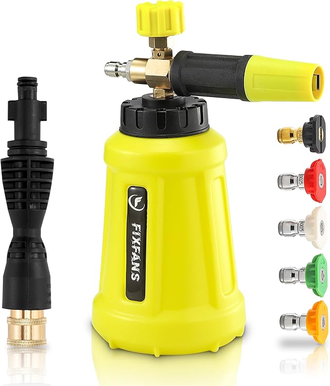FIXFANS Foam Cannon, Wide Neck Snow Foam Lance with Replacement Adapter for Portland Husky and Ryobi Pressure Washer, Heavy Duty Power Washer Foam Blaster with 1/4 Inch Quick Connector, 5 Nozzle Tips