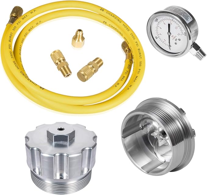 Fuel/Oil Pressure Test Kit with Billet Aluminum Fuel/Oil Filter Cap, Fuel Pressure Gauge and Hose Kit for 2003-2007 Ford 6.0L Power Stroke Diesel