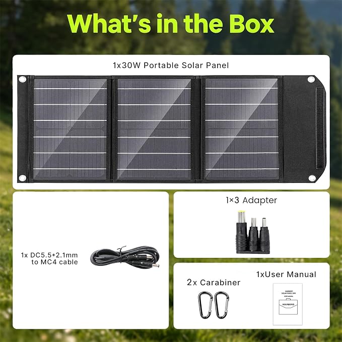 MARBERO Portable Solar Panel 30W Solar Panel Charger 23% High Efficiency Foldable Solar Panels QC3.0 USB & DC Port Compatible with Cell Phone Ipad Laptop IP65 Waterproof for Camping Outdoor Cloudy