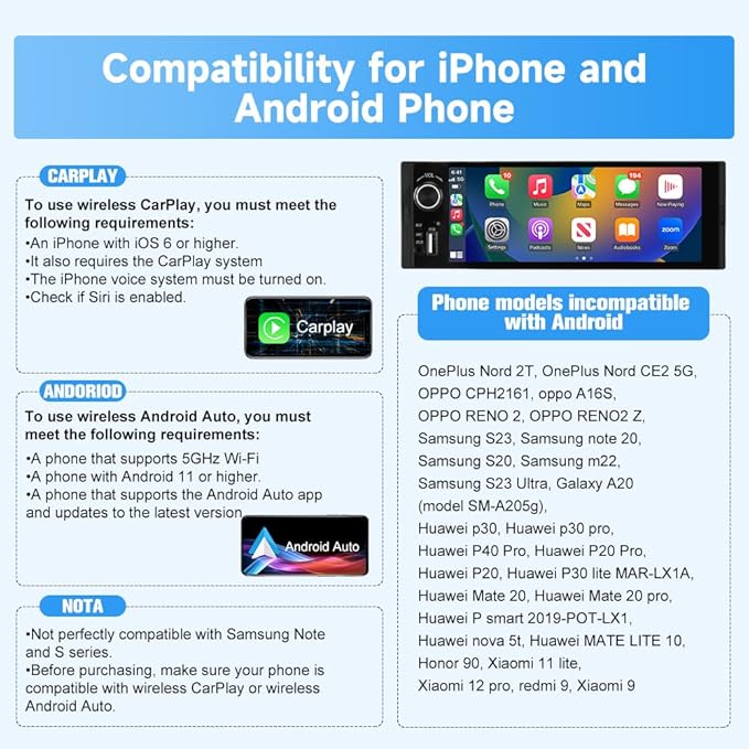 Single Din Car Stereo, 6.36 Inch CarPlay & Android Auto HD IPS Touchscreen Radio with Bluetooth with Backup Camera, Support USB Type-C Charging/USB/Microphone/FM/EQ