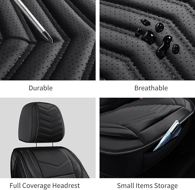 HChengkikz Nappa Leather Car Seat Covers Full Set, Black Car seat Protector 5 Seats, Waterproof Car Seat Cushion, Universal Automotive Seat Covers Fit for SUV Truck Pick-up Sedan, Front and Rear