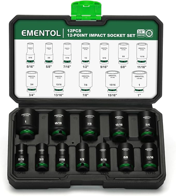 EMENTOL 3/8" Drive Impact Socket Set, Semi-Deep Sockets, 12 Pieces, Standard SAE (5/16"-1"), 12 Point, CR-MO, Stamped and ink filled