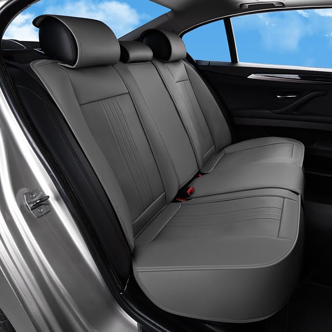 Huidasource Gray Rear Seat Cover, Luxury Faux Leather Back Seat Car Cover, Velcro Adjustable, Compatible with Child Seat, Perforation Cooling&Heating, Universal Fit for Most Cars Vans Trucks SUVs Gray