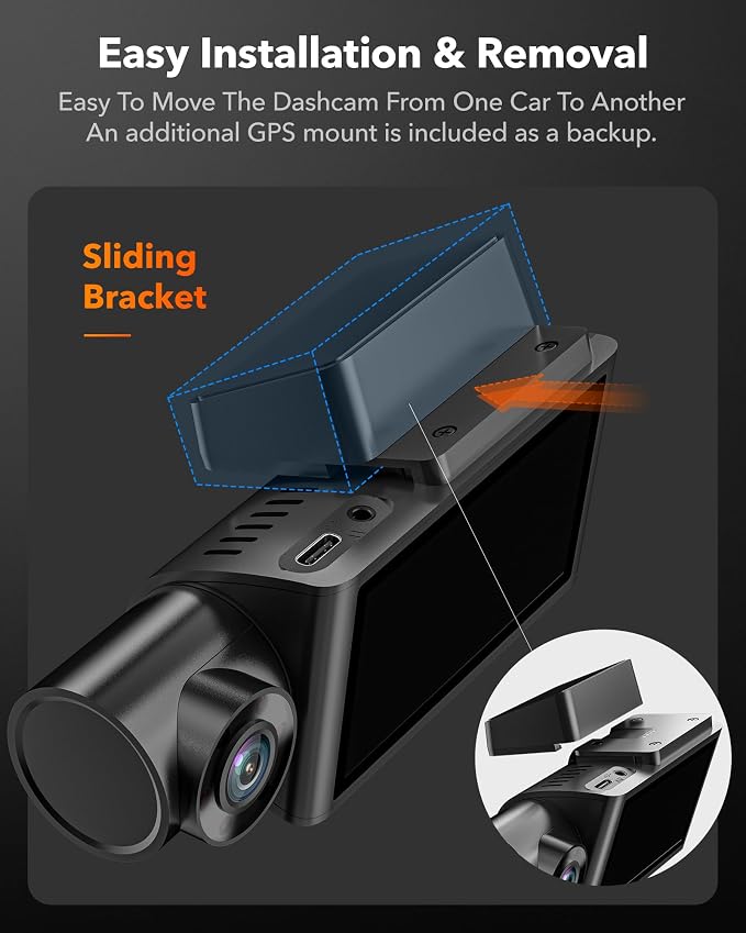 WOLFBOX i07 3 Channel Dash Cam Built-in WiFi GPS, 4K Dash Camera Front and Inside, 1440P+1080P+1080P Triple Car Camera with 3" LCD Screen,IR Night Vision, 24H Parking Mode(Card Not Included)