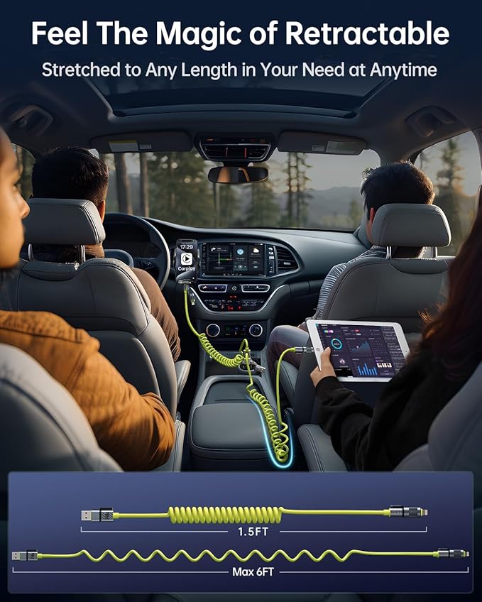 2 Packs Car Cable Bundle, Coiled USB C Cable 60W and 4 in 1 Fast Charger 240W, 5FT Green