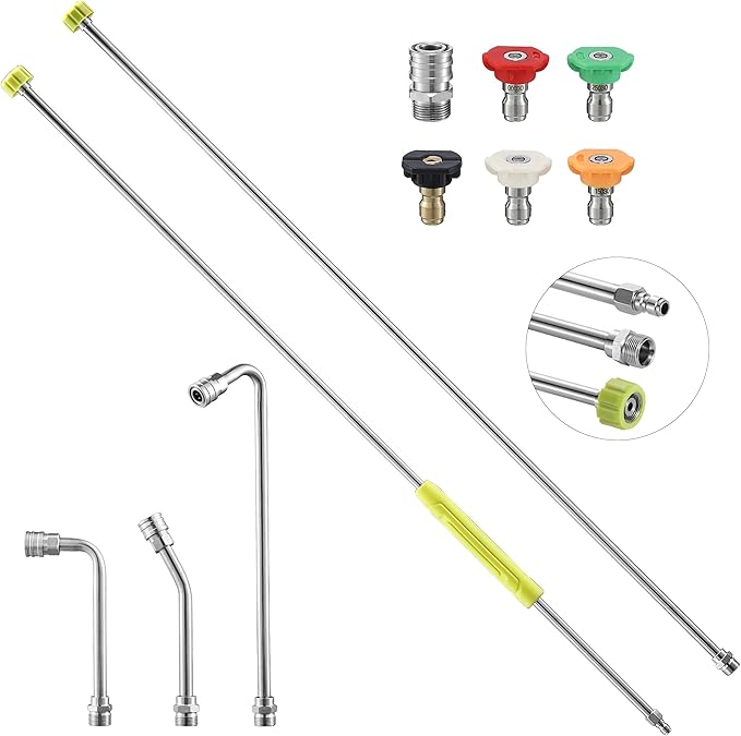 FIXFANS Pressure Washer Extension Wand, 120” Pressure Washer Lance Replacement, Stainless Steel Power Washer Wand with 1/4” Quick Connect, Gutter Cleaner Attachment 30°/90°/120° Curved Rods, 5 Nozzles