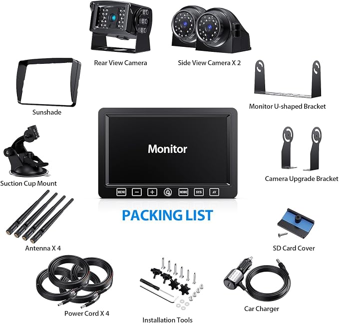 ZEROXCLUB Wireless Backup Camera with 7 Inch DVR Quad Split Monitor for RV Trailer Truck, Digital Signal HD 1080P Wireless Rear Side View 3 Cameras Back Up System w/Recording 18 IR Night Vision (B3C)