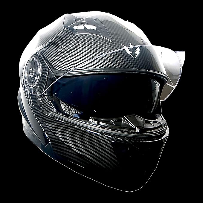 1Storm New Motorcycle Bike Modular Full Face Helmet Dual Visor with Rechargeable LED Tail Light: Modular901 Carbon Fiber Black