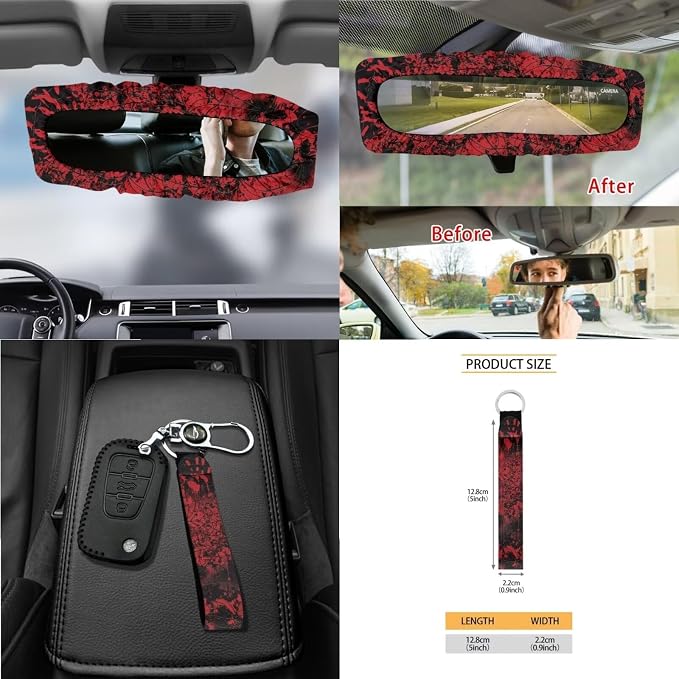Wanyint Bloody Print Cobweb Car Seat Cover Split Covers for Women Men, Car Steering Wheel Cover Seat Belt Pads Trash Bin Mount Phone Holder Rearview Mirror Cover Cup Holder Wrist Key Chain, 15 PCS Set