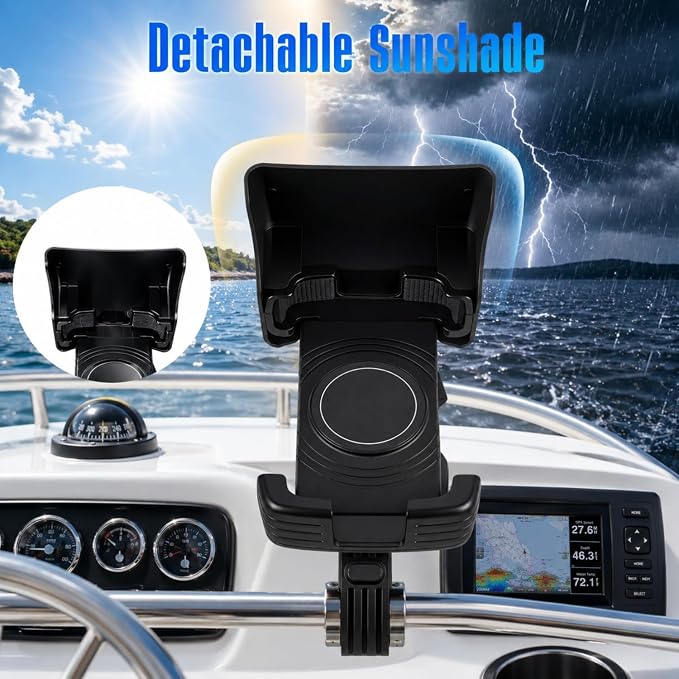 Tellegloww 1 Pack Boat Phone Holder, Marine Cell Phone Holder with Sunshade, Black 360 Degree Adjustable Knob Crab Clamp, Smartphone Accessory for Boat Rail, Car, Cycling, Pontoon and Outdoor Use