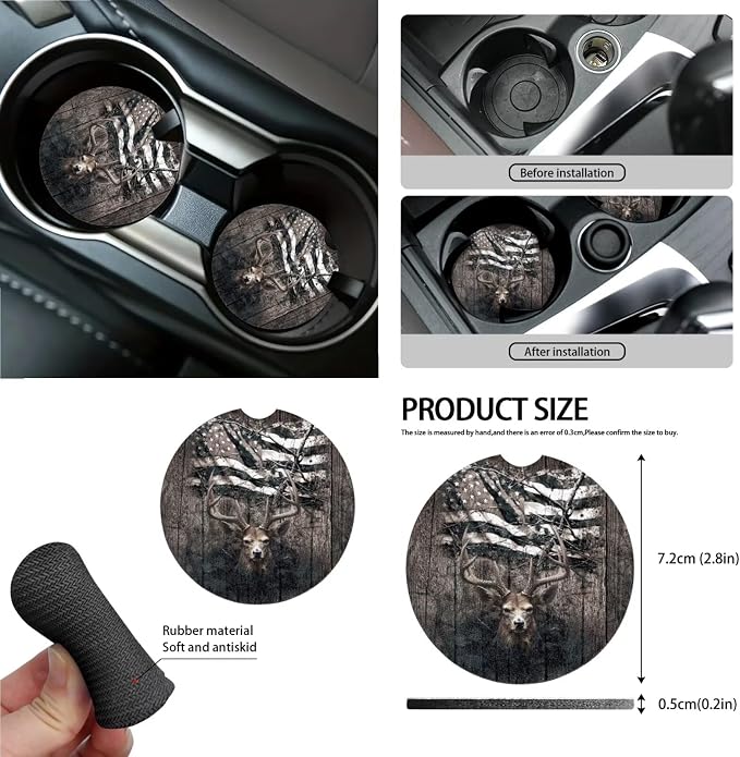 Deer Wood American Flag Print Car Accessories Set of 13, Washable Front and Rear Seat Covers Full Set + Steering Wheel Cover + Safe Belt Pads + Coasters Interior Decoration Fit for Most Cars