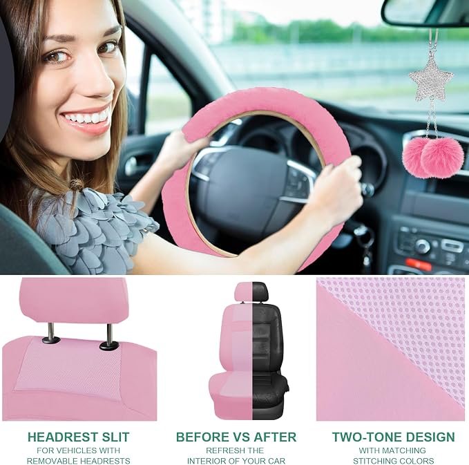 Car Seat Cover Full Set for Women with Waterproof Floor Mats,3D Air Mesh Car Seat Cover with 5mm Composite Sponge Inside,Universal Fluffy Steering Wheel Cover, Accessories Full SUV(Pink)