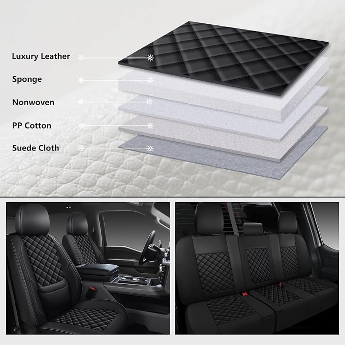 F150 Seat Covers 2015-2025 Front Pair, Truck Interior Sets with Lumbar Support Custom Fit for Ford F150 2015-2025, F250/F350/F450 2017-2025 Super Duty Crew Cab XLT XL Lariat Platinum, Black