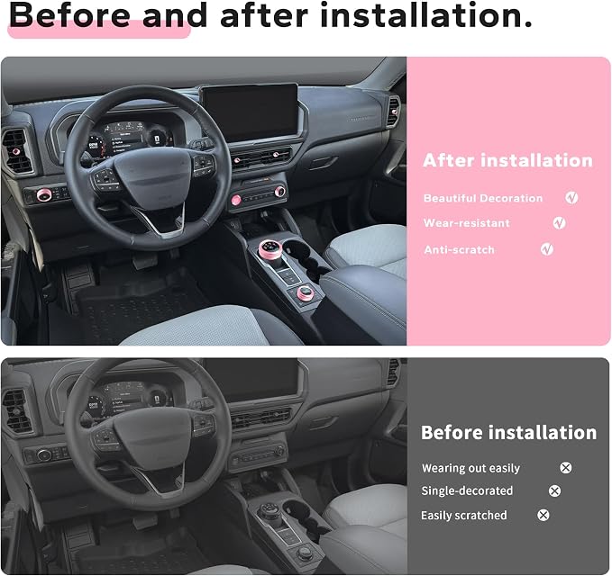 for 2025-2026 Ford Bronco Sport Accessories (Not for Bronco) 9PCS Aluminum Alloy Knob Cover Trim Set for Push Start, Volume, Air Vent Tabs, Headlight & Gear Shift Knob (Pink)