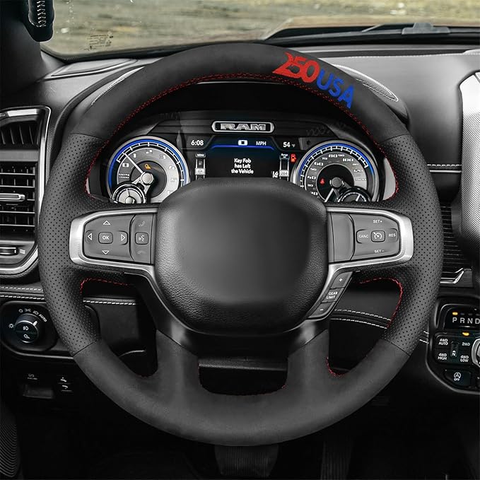MEWANT USA 250th Anniversary Embroidered Hand-Stitched Steering Wheel Cover Custom Fit for Dodge Ram 1500 2019-2023(Backsides Without Buttons)