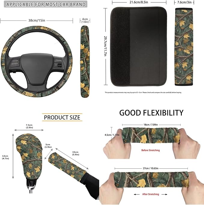 Camo Hunting Car Accessories Set of 11 Car Front Seat Cover Steering Wheel Cover Seat Belt Pads Elastic Fabrics Gear Lever Cover Universal Fit Most Cars SUV