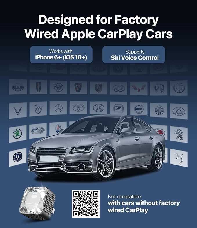2026 Wireless CarPlay Adapter for iPhone, Premium Glass Finish Design, 5s Auto-Connect, Mini Wireless CarPlay Dongle Compatible with Apple CarPlay, Plug & Play for Factory Wired Cars, Low Latency