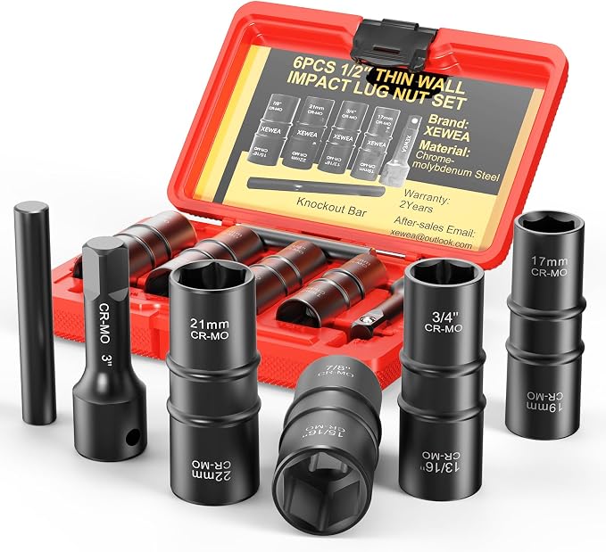 6PCS Thin Wall Lug Nut Impact Socket Set, XEWEA 1/2" Drive Impact Flip Socket Set, 8 in 1 Dual End Wheel Tire Nut Sockets Metric 17 19 21 22 mm & SAE 3/4" 13/16" 7/8" 15/16", Impact CR-MO Tool