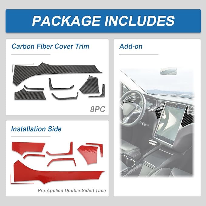 8PCS Real Carbon Fiber Center Console Dashboard Panel Trim Compatible with 2012–2020 Tesla Model S & 2016–2020 Model X, Interior Decor Sticker Accessories