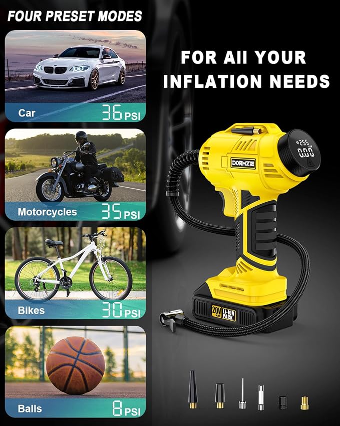 Tire Inflator Portable Air Compressor, 150 PSI Handheld Air Pump for Car Tires with 20V Rechargeable Battery, 12V Car Power Adapter, Digital Display, Ball, Motorcycle, Bike Pump