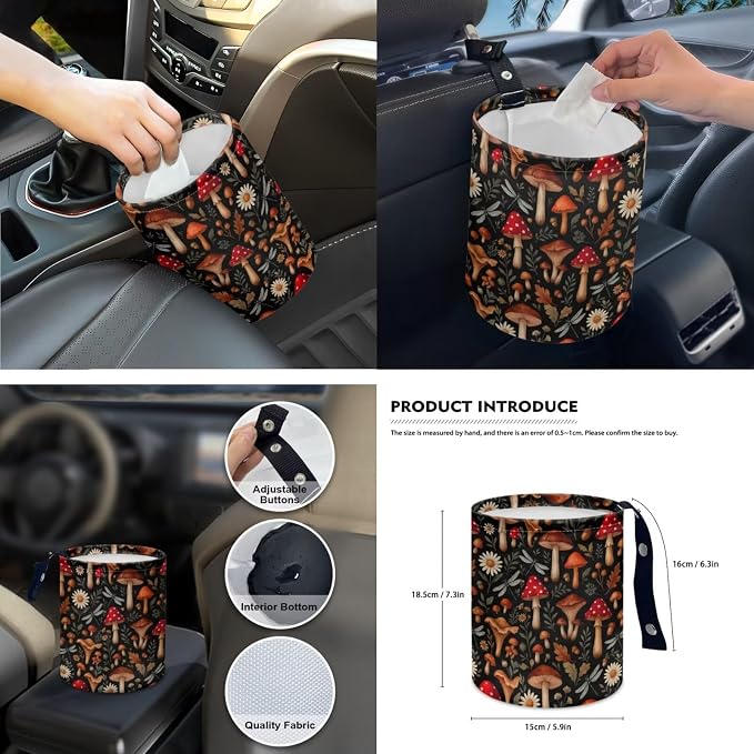 Red Mushroom 15Pcs Car Seat Cover Full Set Car Steering Wheel Cover Seat Belt Cover Trash Bin Front Rear View Mirror Car Cup Holder Keychain