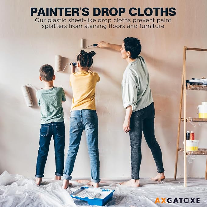 12 x 9 Ft Plastic Drop Cloths (10-Pack) - Disposable Painter's Sheeting & Tarps for Painting, Waterproof Furniture/Couch/Floor Protection
