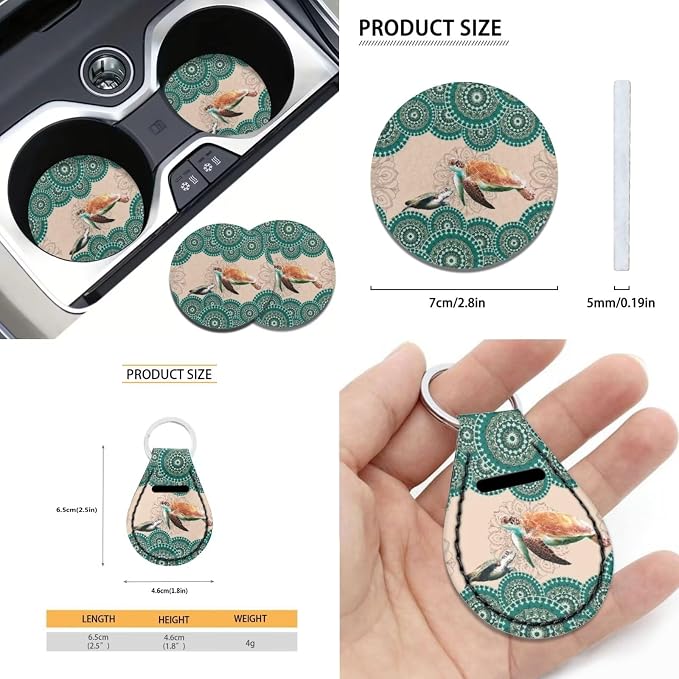 Xoenoiee 11 Pieces Car Seat Covers Interior Accessories Set for Women Universal Fit with Steering Wheel Cover, Seat Belt Pads, Cup Coasters, Keychain - Boho Mandala Sea Turtle