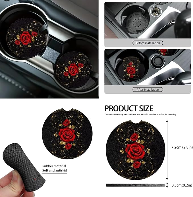 Red Rose Car Seat Covers Full Set for Women with Steering Wheel Cover Seat Belt Cover Pad Cup Car Coasters Trash Can Car Headrest Pillow Covers Armrest Pad,15 Pcs Set