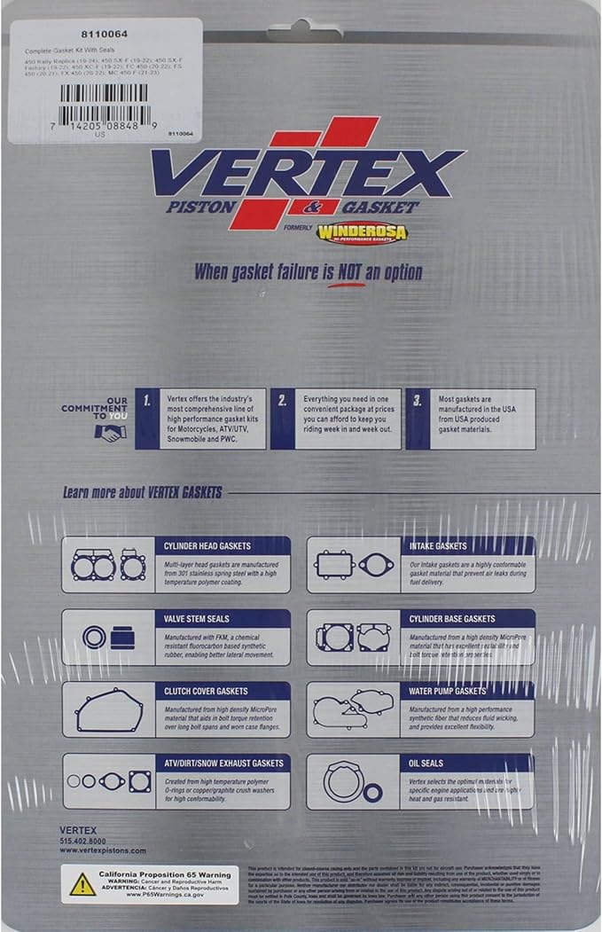 Vertex 8110064 Complete Gasket Kit with Seals Compatible With/Replacement For KTM 450 Rally Replica 2019-2024, 450 SX-F 2019-22, 450 SX-F Factory 2019-22, 450 XC-F 2019-22, Gas Gas MC 450 F 2021-23