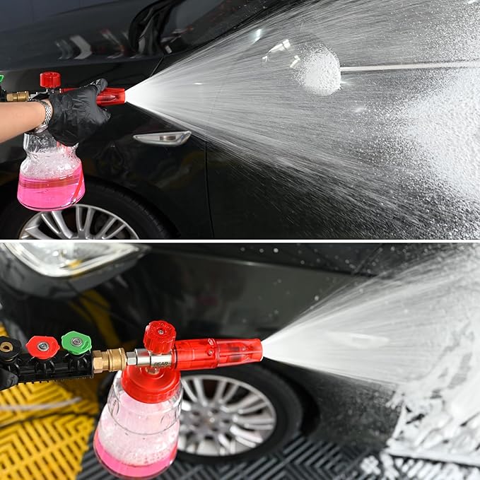 BEAR FORCE Foam Cannon Wide Mouth for Pressure Washer, Stainless Steel Heavy Duty Thick Snow Foam Lance, 360ยฐ Adjustable Soap Sprayer 1/4" Quick Connector, 1.10mm 1.25mm Orifice, 32oz Bottle, Car Wash