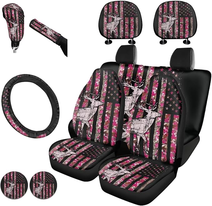 KEIAHUAN Car Seat Covers Full Set 11 PCS Branch Deer Camo Hunting Design with Handbrake Gear Shift Knob Cover/Steering Wheel Cover/Car Coasters/Headrest Cover Fit Most Van Sedan Truck SUV