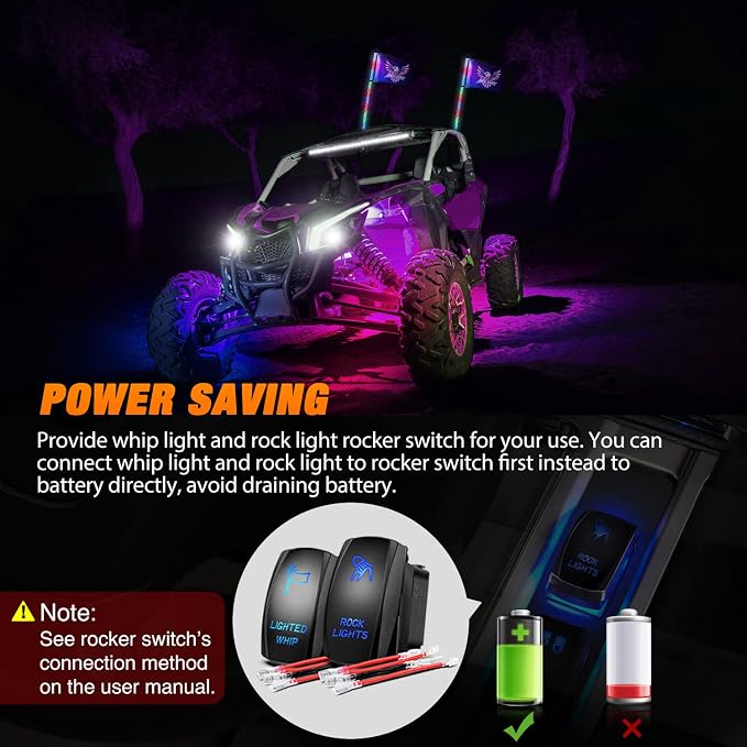 Nilight 2PCS 3FT RGB LED Whip Light and 4 PCS Rock Lights Combo, Remote & App Control w/DIY Chasing Patterns Stop Turn Reverse Safety Antenna Lighted Whips for ATV UTV