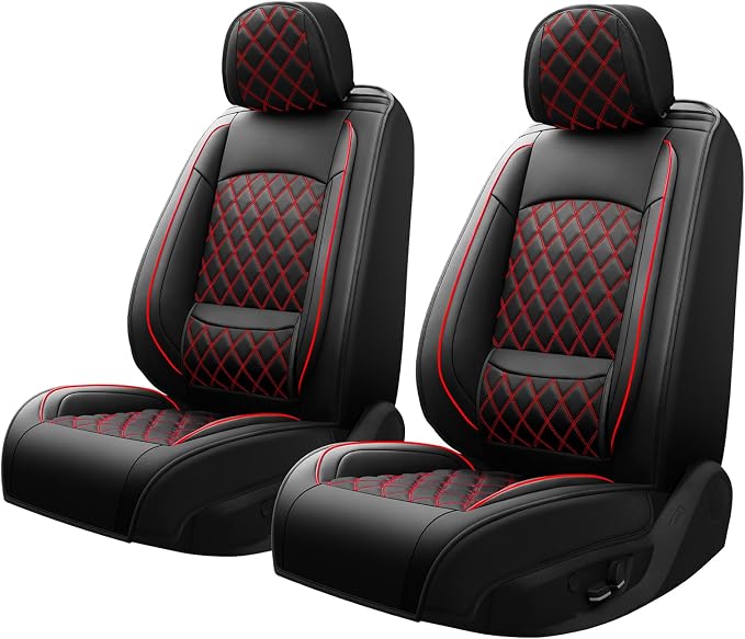 Fit Fusion Car Seat Covers for Ford Fusion 2007-2020 - Luxury Leather, Anti-Slip, All-Weather, Waterproof & Breathable, Airbag Compatible, 2 Front Seats Only (Black&Red)