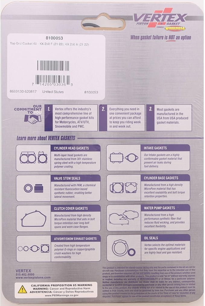 Vertex 8100053 Top End Gasket Kit Compatible With/Replacement For Kawasaki KX 250 F 2021-2022, KX 250 X 2021-2022 78 mm Diameter