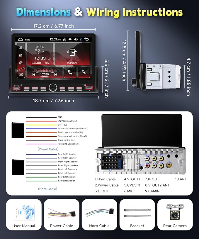 Single Din Car Radio Stereo, 7 inch Touch Screen Radio for Car Stereo Receivers, 1 Din Bluetooth Radio, HD Backup Camera, SWC, Mirror Link, Support FM/EQ/SD/AUX, USB Fast Charging