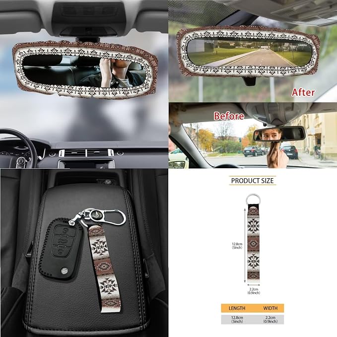 Wanyint Aztec Southwest Brown 15 PCS Car Seat Covers Set for Men Women, with Steering Wheel Cover Seat Belt Pads Trash Bin Sunglass Pocket Rear View Mirror Protector Coasters Key Chain