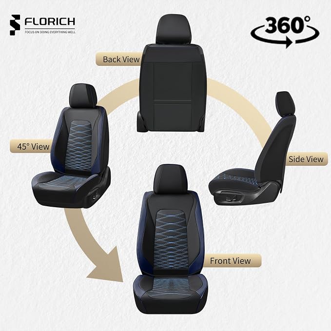 FLORICH Leather Seat Covers, Car Seat Covers Full Set, Car Seat Protector Waterproof, Front and Rear Seat Covers for Cars, Automotive Seat Covers Universal Fit for Most Cars SUV Truck - Blue&Black