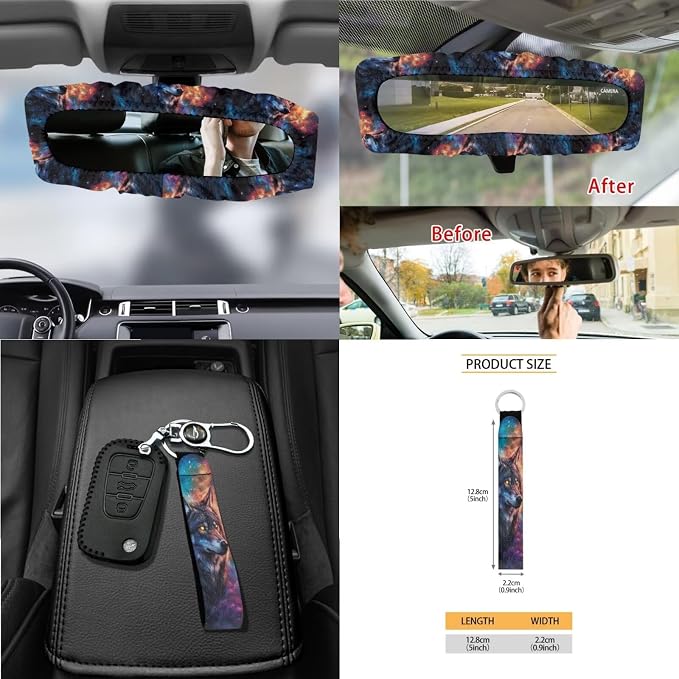 Wolf Galaxy Print 15PCS Car Seat Cover Front Back Seat Protector with Steering Wheel Cushion, Belt Pad, Trash Can Air Vent Bag Mirror Cover Universal Fit Most Cars