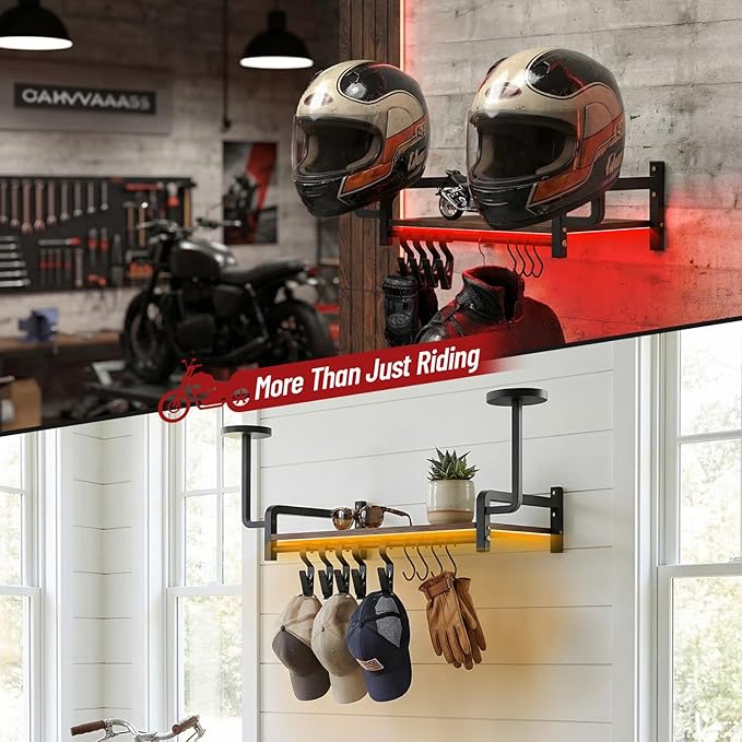 Vieshful Motorcycle Helmet Wall Mount Rack, Heavy Duty Helmet Holder with RGB Light Strip – Gear Display Shelf for Jackets, Gloves & Motorcycle Accessories Organizer, Garage & Entryway