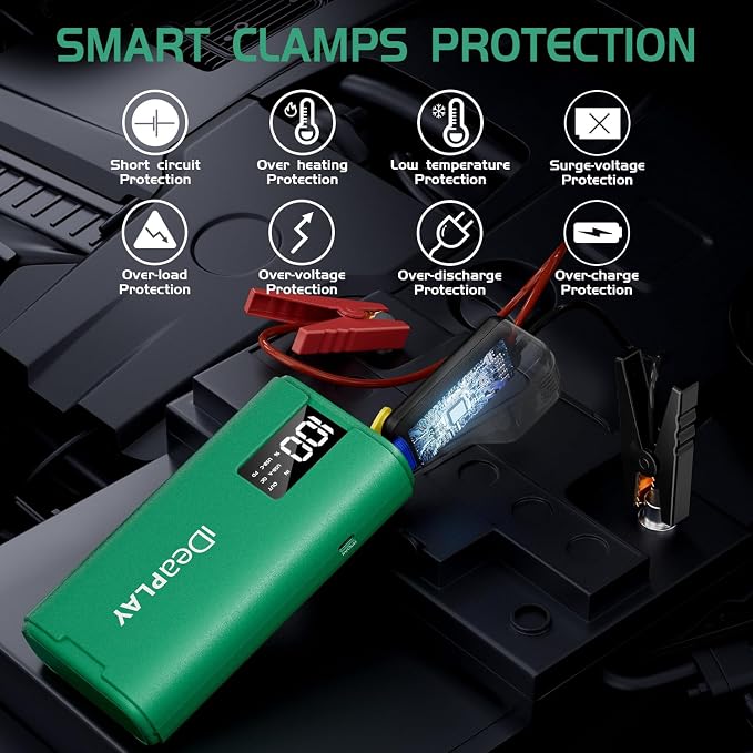 IDEAPLAY J10 Jump Starter, 2000A 12V Car Battery Jump Starter Portable for Up to 8.0L Gas and 7.0L Diesel Engine, Jump Box with Jumper Cables, Type C Fast Charging Battery Jumper with LED Flashlight