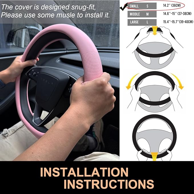 PINCTROT Nappa Leather Steering Wheel Cover for Tesla Model Y/3 Highland/Juniper, D Shaped 14 Inch Small Sized with Breathable Perforation, Fit Like Gloves, Flat Bottom 14 Inch(Nappa Pink)