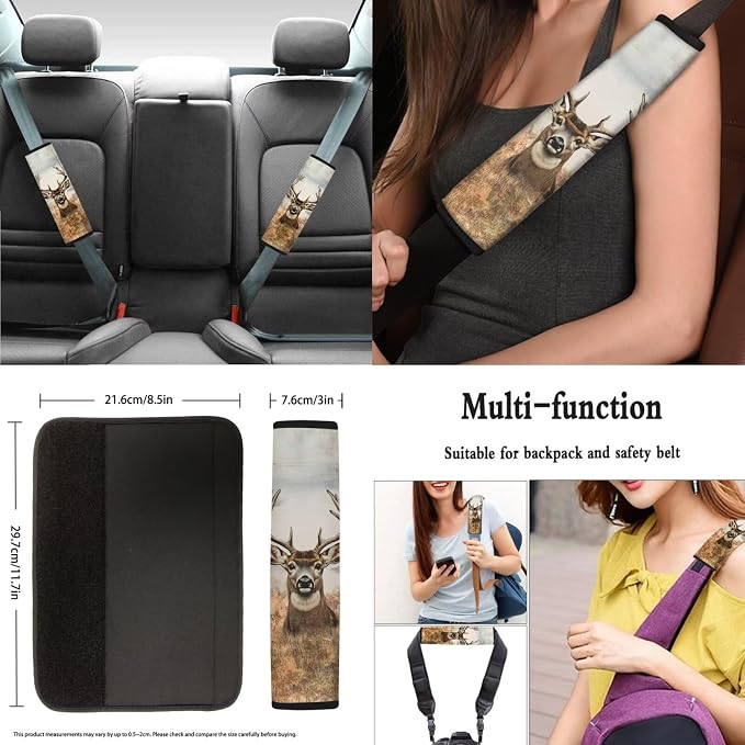 8 Pcs Camo Hunting Deer Car Seat Covers Full Set Car Accessories for Women Front Seat Cover Steering Wheel Armrest Cover Seat Belt Cover for Auto SUV Interior Decoration