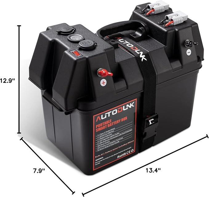 Smart Battery Box 12V - with QC3.0 /PD Type-C Port/CIG Socket/Anderson Plug/Digital Voltmeter/Circuit Breaker for RV Van SUV ATV Camper Truck Car(Battery not Include)