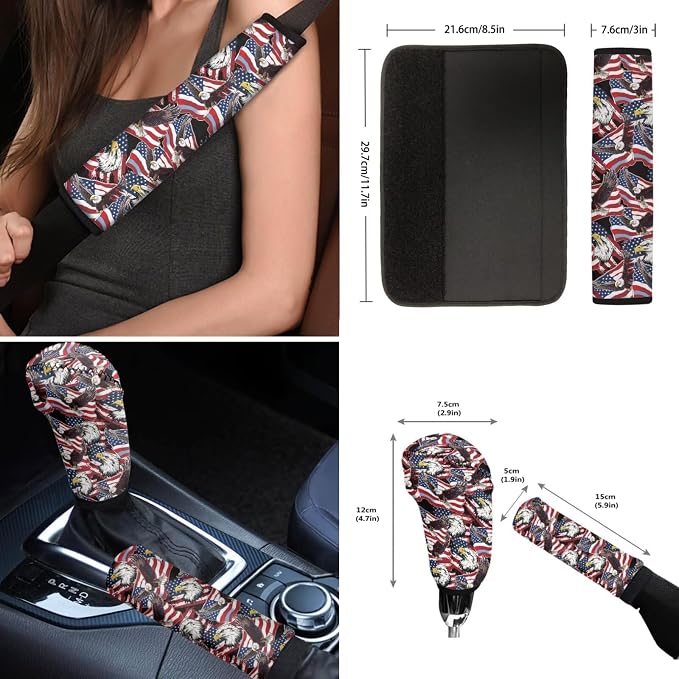Wanyint Car Accessories 12 PCS, with Car Seat Covers Steering Wheel Seat Belt Pad Armrest Handbrake Gear Shift Cover Coasters 4th of July Universal Auto Interior Decor, American Flag Eagle Print